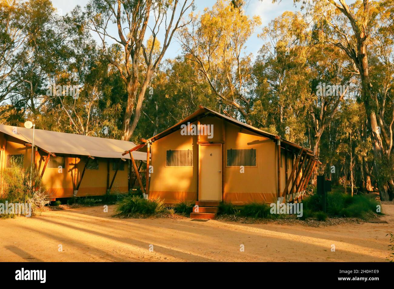 Glamping tents set up on the Gunbower Creek at Koondrook Victoria