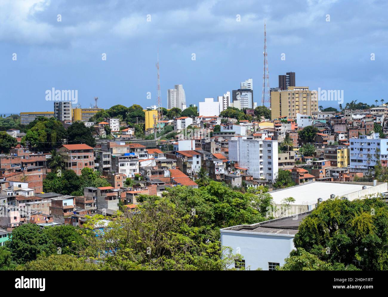 Salvador, Bahia, Brazil - April 13, 2014: View of the buildings and popular houses built in the mountains. City of Salvador, Bahia, Brazil. Stock Photo