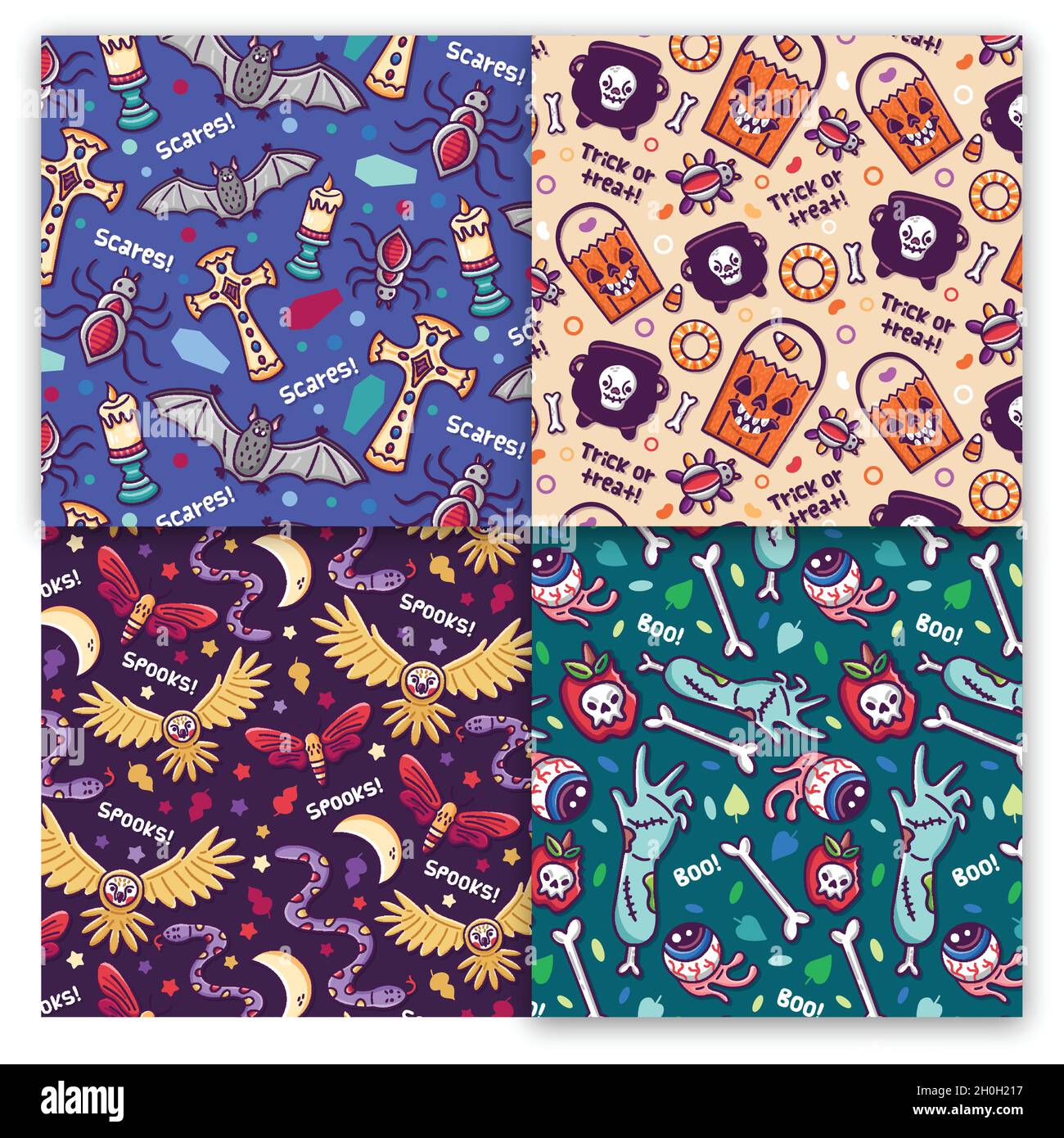 hand drawn halloween pattern collection with animals objects vector design illustration Stock Vector