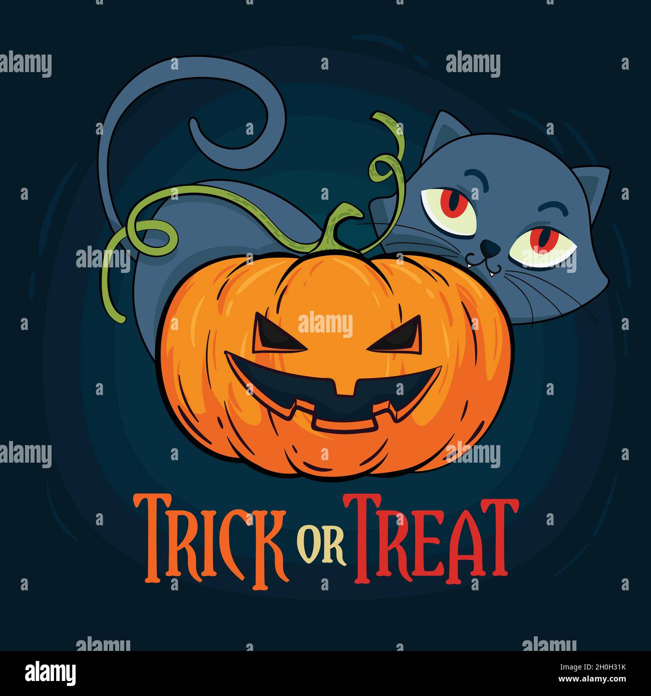 hand drawn halloween cat trick treat vector design illustration Stock ...