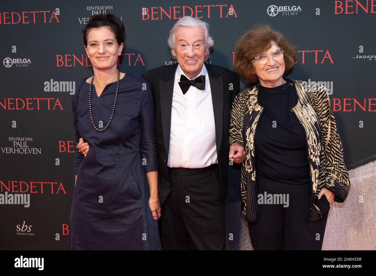 Paul Verhoeven with his whife and daughter at the premiere of his film Benedetta in Pathe