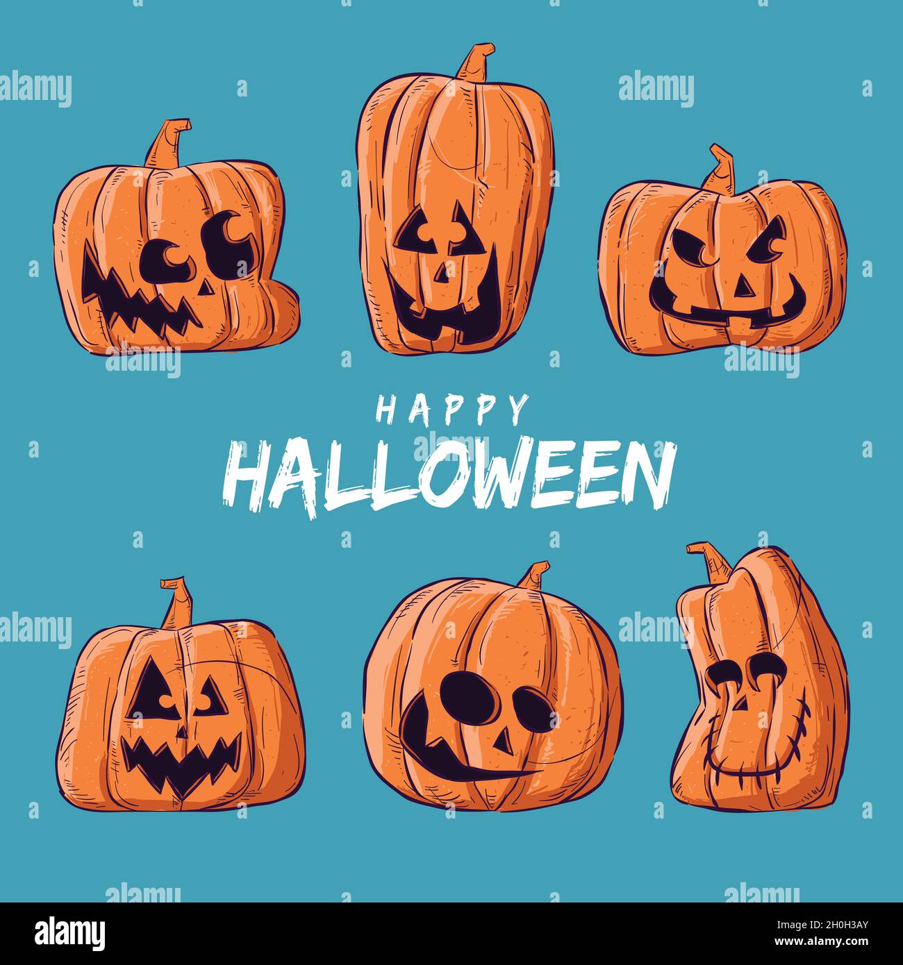 orange black hand drawn halloween pumpkin collection vector design ...