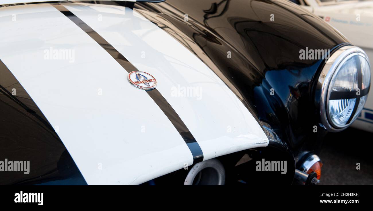 Italy, september 11 2021. Vallelunga classic. Legend classic car motorsport of sixties Shelby Cobra logo on hood Stock Photo