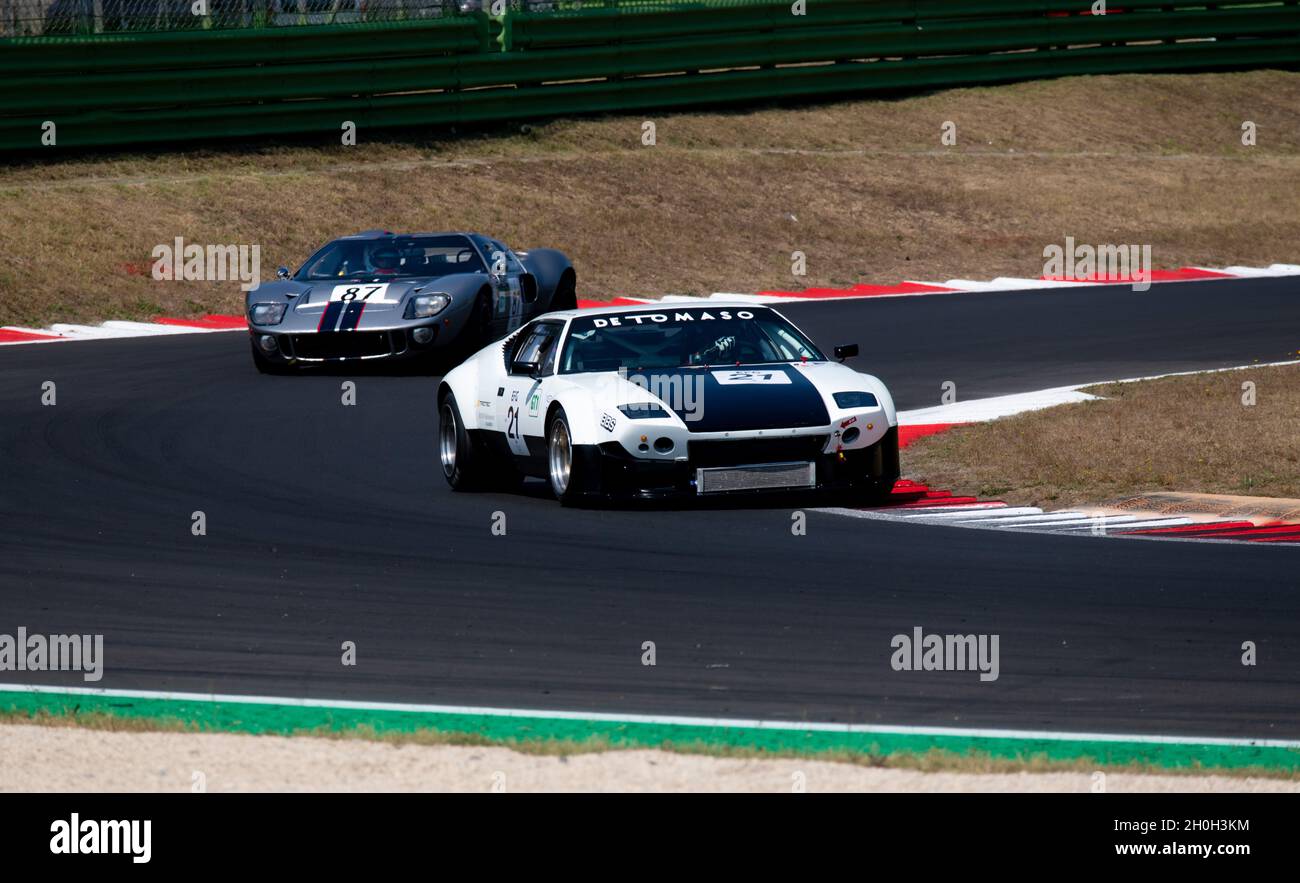 Italy, september 11 2021. Vallelunga classic. Historic race De Tomaso Pantera and Ford GT40 cars challenging on asphalt racetrack Stock Photo