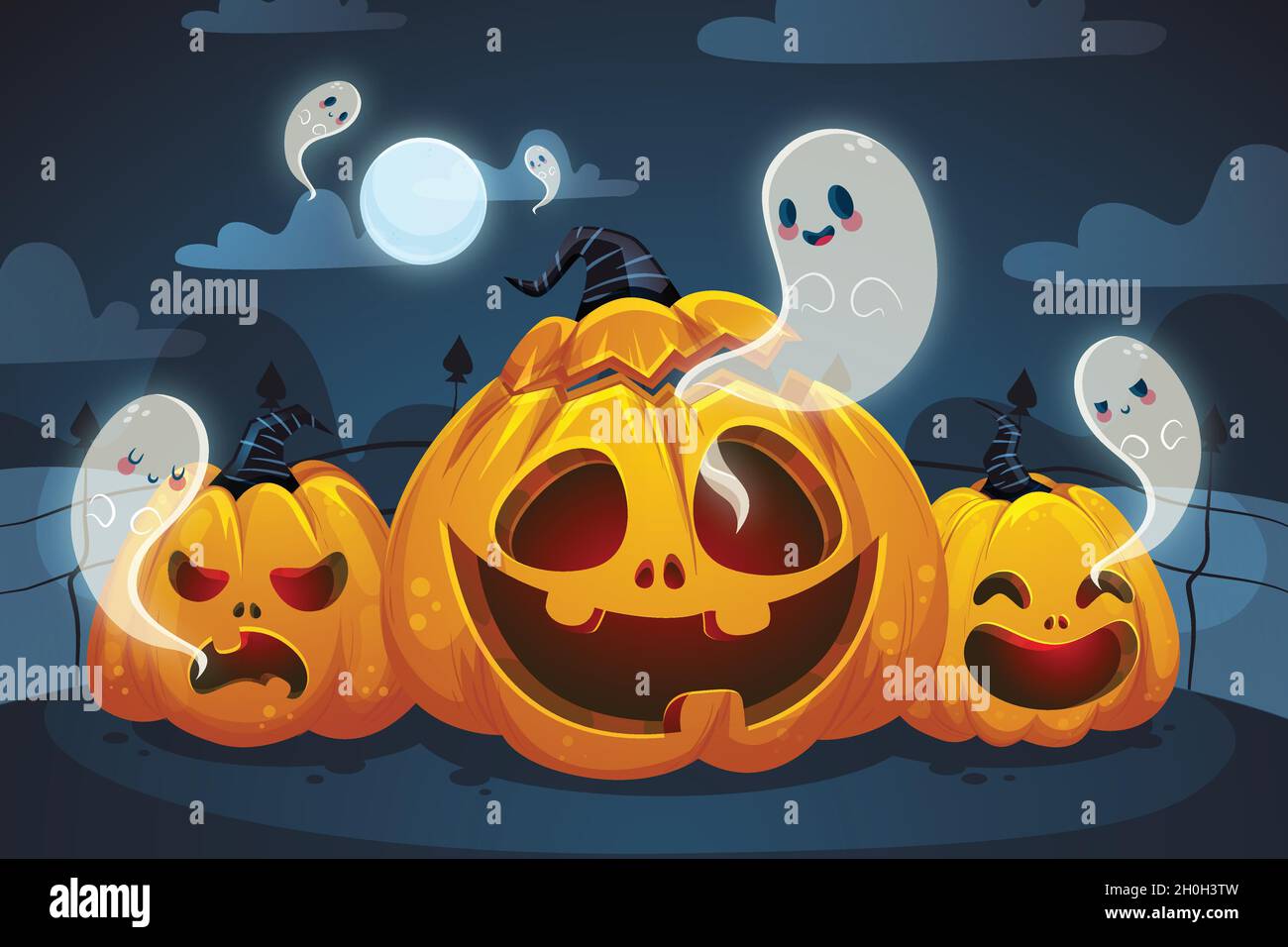 curved pumpkins ghosts halloween background vector design illustration ...