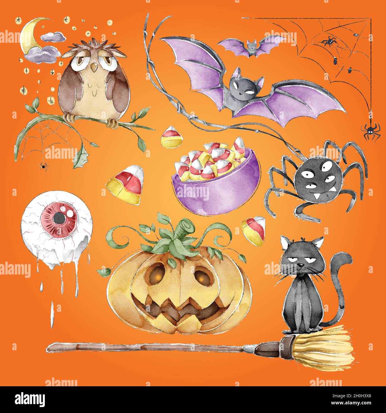 collection halloween cute elements watercolor style Stock Vector