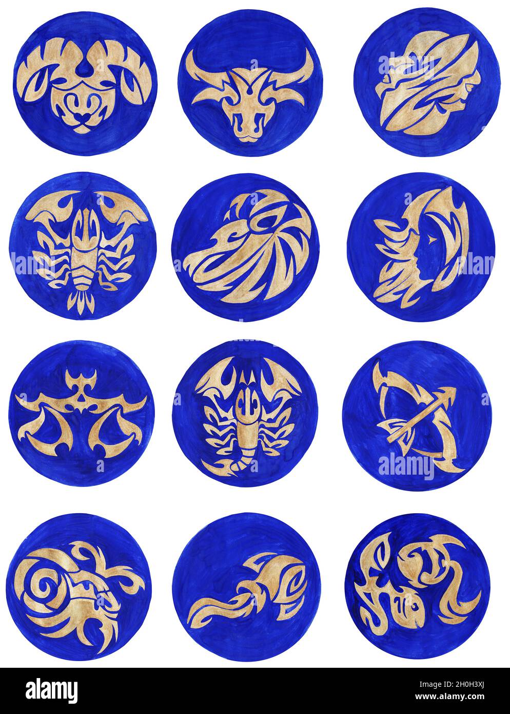A Set Of Zodiac Signs. Gold zodiac signs on a blue background.Round