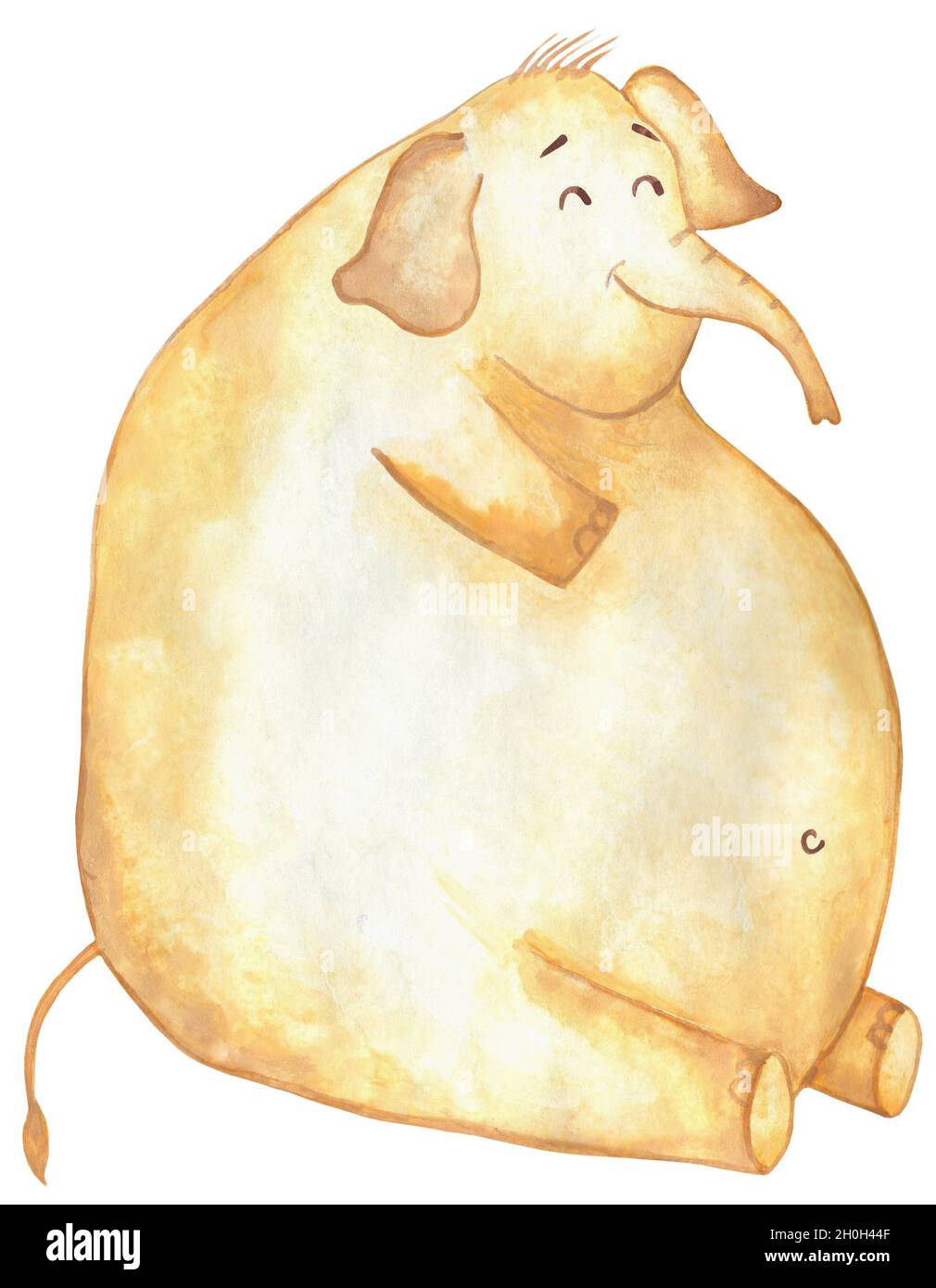 A huge fat yellow elephant sits and smiles. Isolated on a white background. Comic elephant. Drawn by hand. Stock Photo