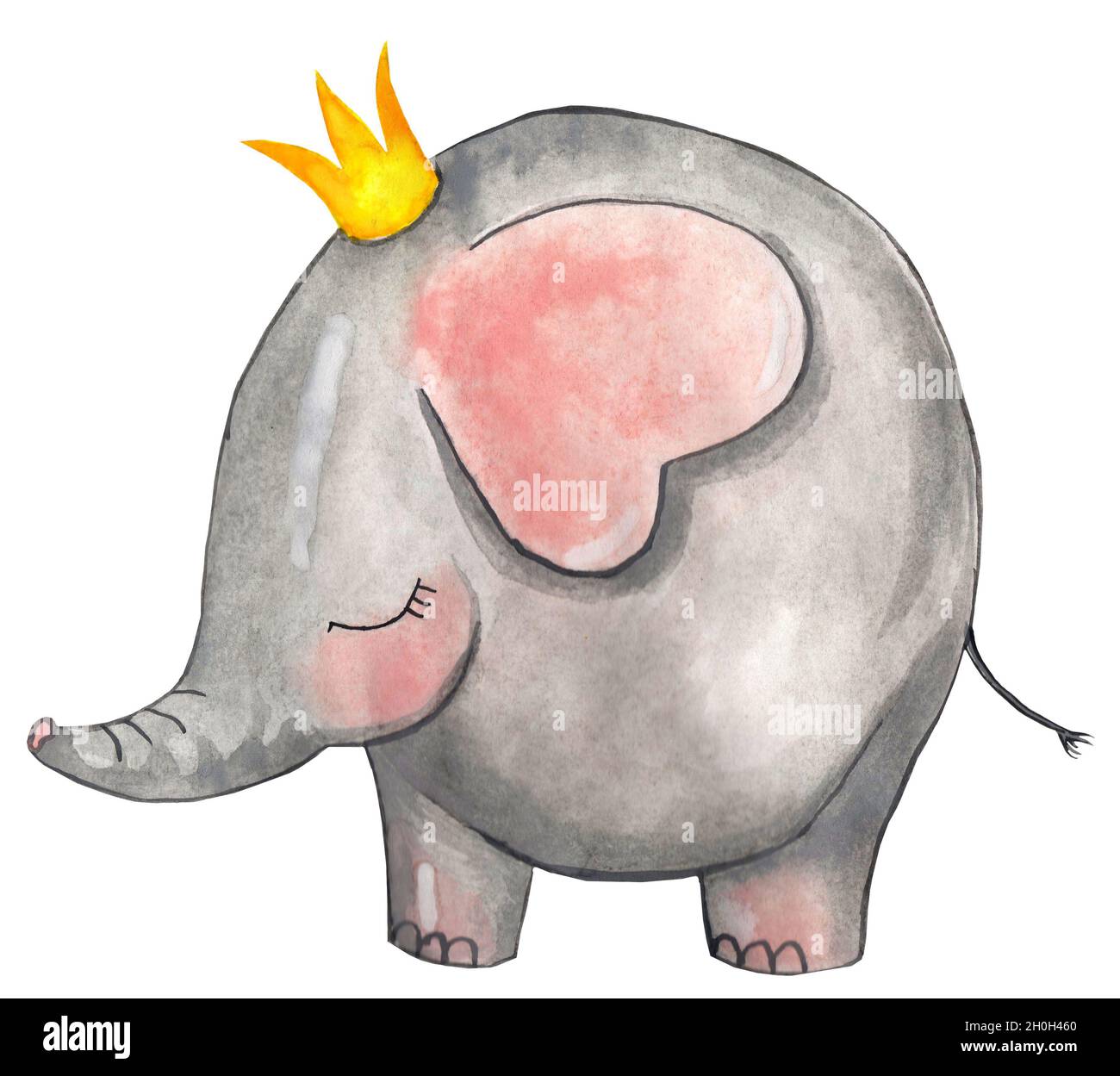 Cute elephant in the crown. Children's illustration. Hand-drawn on paper. Isolated on a white background. Watercolor. Stock Photo