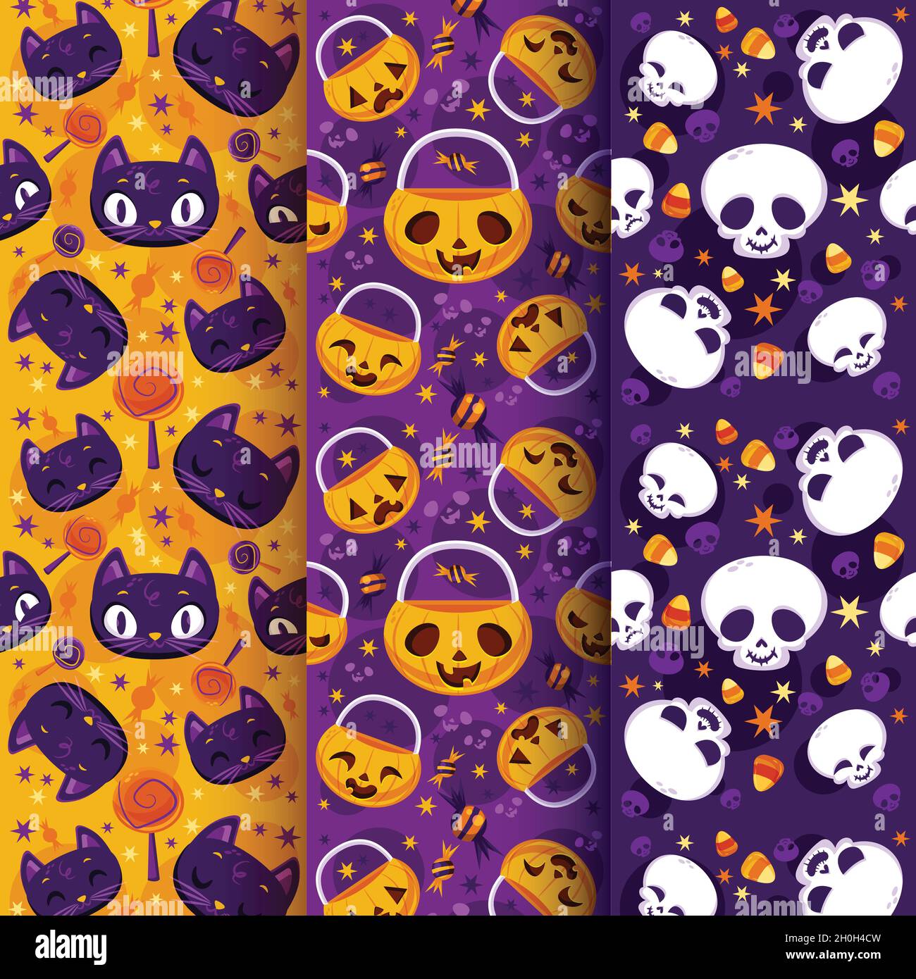 pumpkin skull cats flat halloween pattern collection vector design illustration Stock Vector