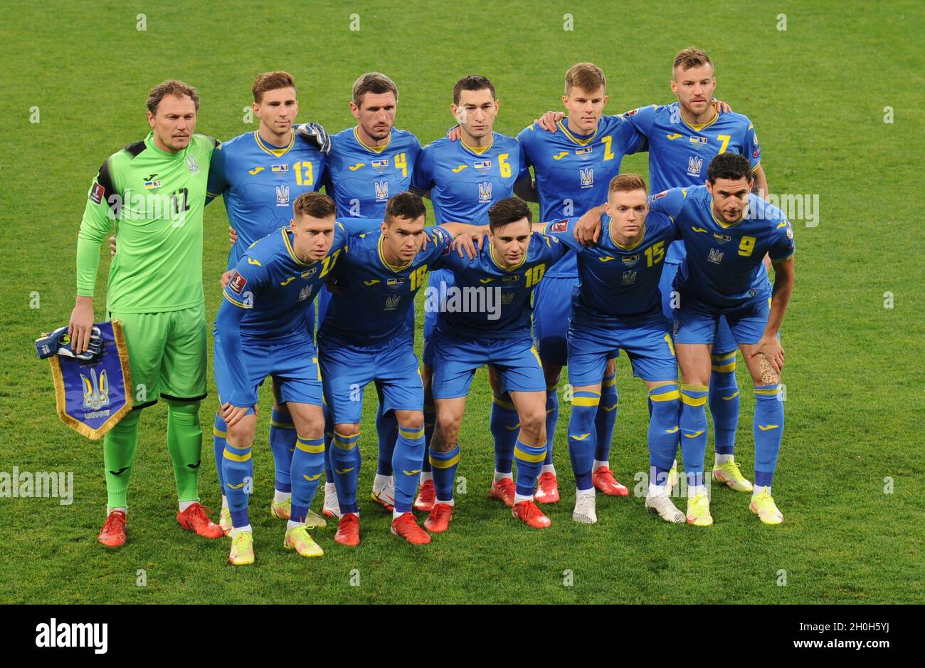Ukraine team pose for a team photo before the FIFA World Cup Qatar 2022 qualification Group D football match between Ukraine vs Bosnia and Herzegovina at the Lviv Arena in Lviv, Ukraine. Stock Photo