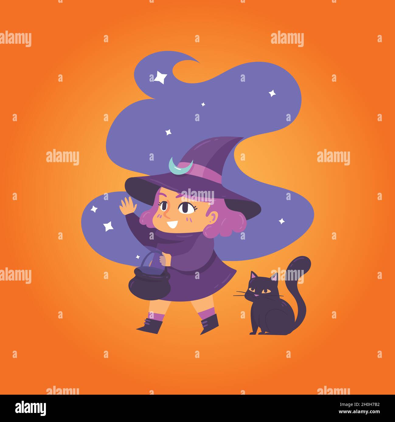 cute halloween witch with black cat vector design illustration Stock ...