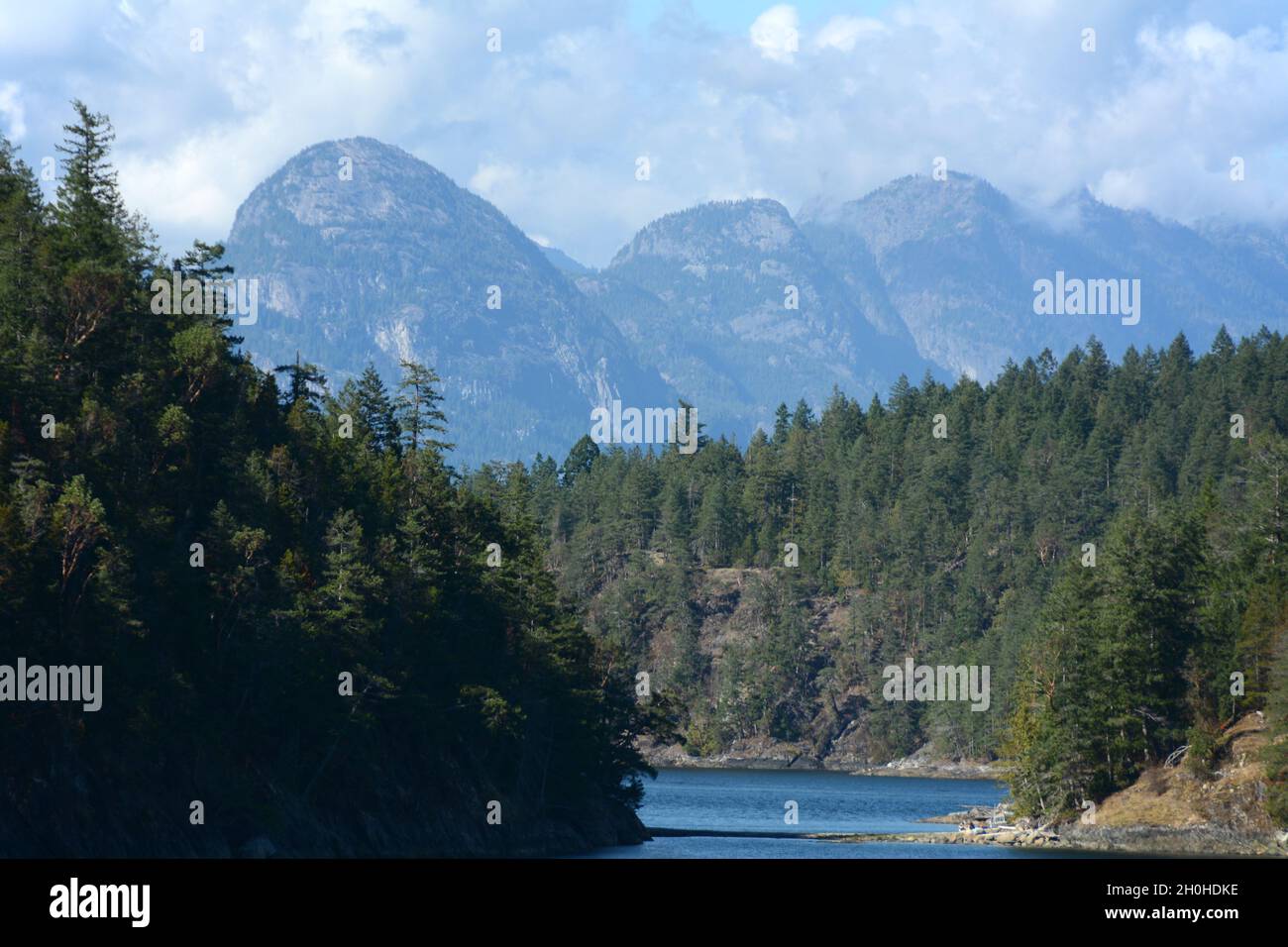 Coast Mountains and temperate rainforest above Jervis Inlet on the Sunshine Coast of British Columbia, Canada. Stock Photo