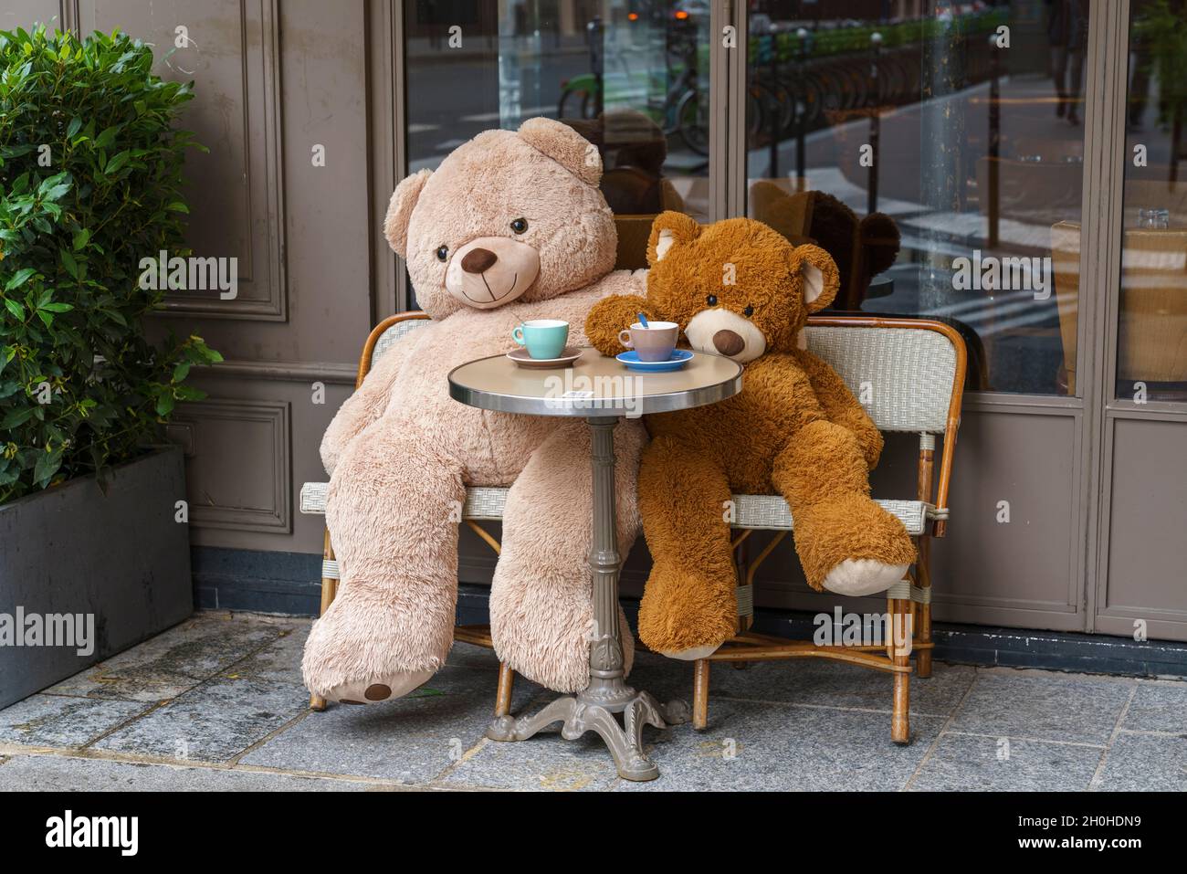 Teddy bears sitting at the table in Cafe Saint Honore, Rue St Honore, Paris, France Stock Photo