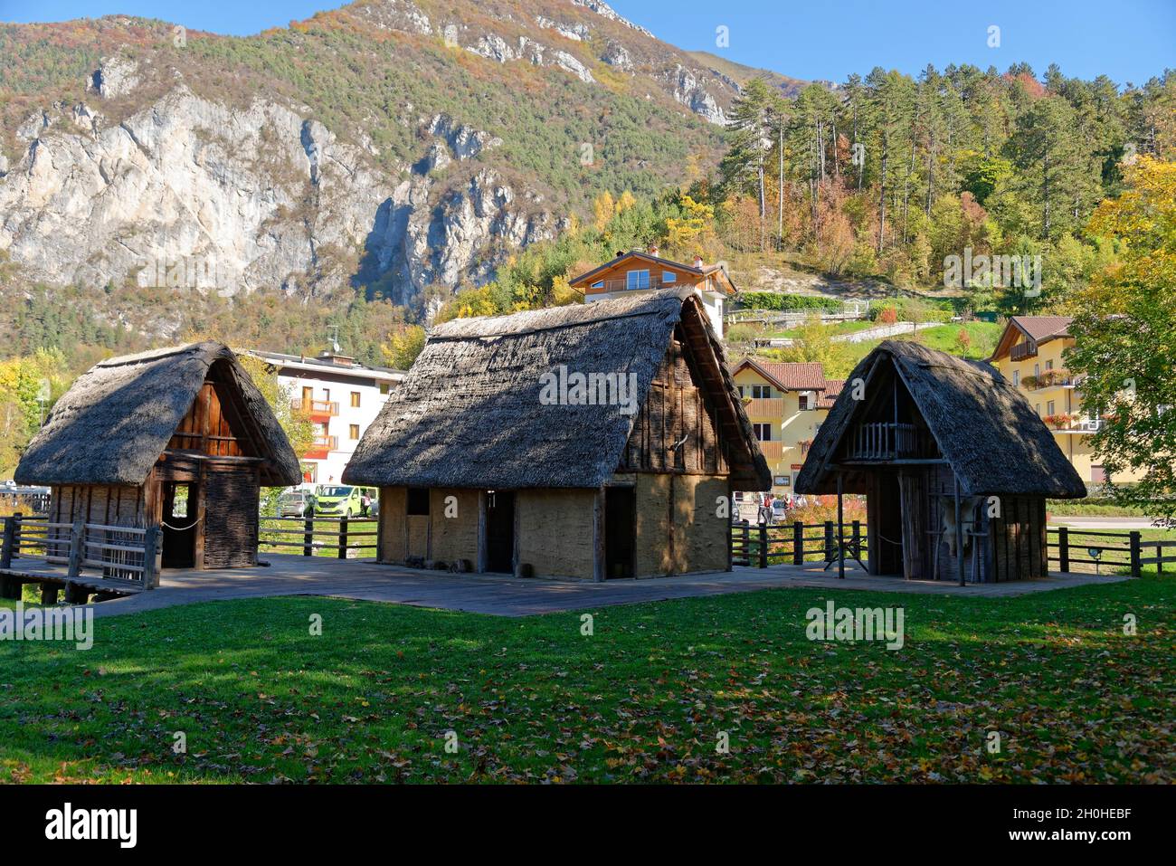 Ancient pile dwellings from the Bronze Age, Lake Ledro Pile Dwelling Museum, Ledro, Lake Garda West, Trentino, Italy Stock Photo