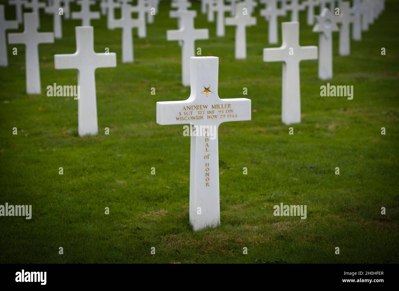 Grave of a Medal of Honor recipient, US military cemetery, Cimetiere militaire americain de Saint-Avold, English Lorraine American Cemetery and Stock Photo