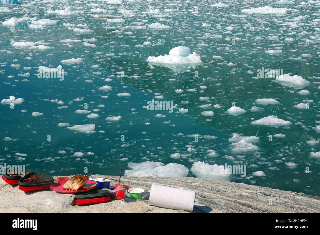 Picnic by the fjord, icebergs and ice pieces, Knud Rasmussen Glacier, Tasilaq, East Greenland, denmark, Greenland Stock Photo