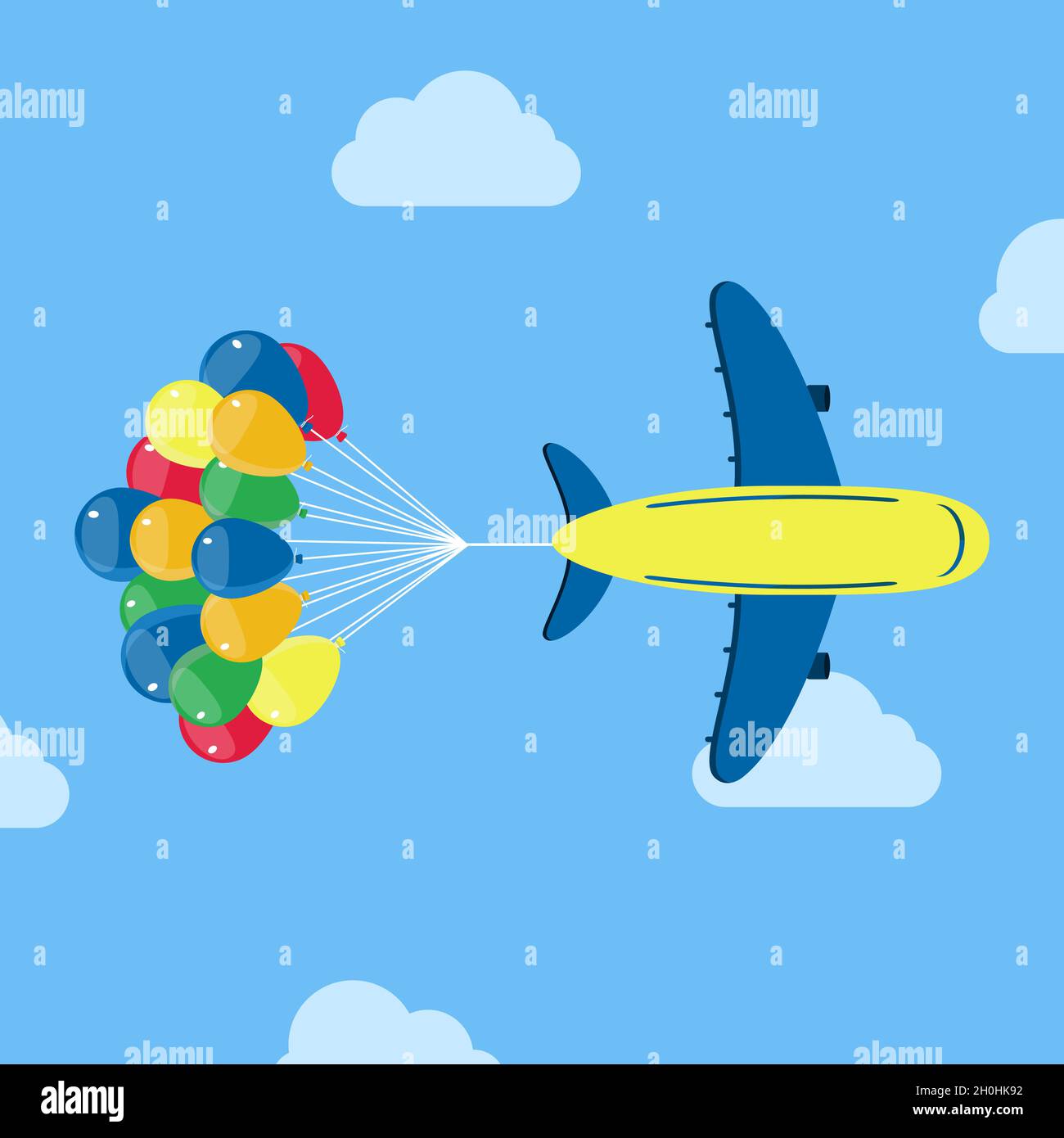 Plane flying with a group of helium balloons in the back. Conceptual vector illustration. Stock Vector