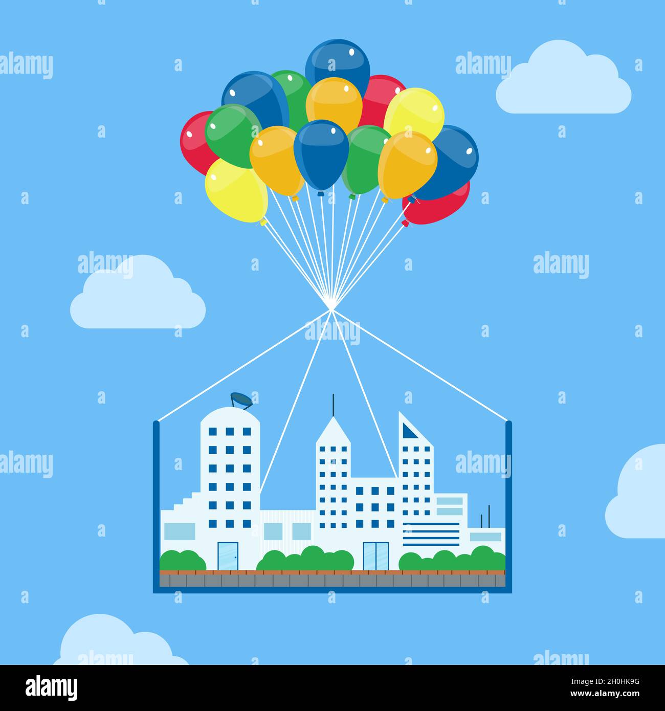 Scene of a city made up of buildings being taken to the skies by helium balloons. Conceptual vector illustration. Dream and fantasy context. Stock Vector