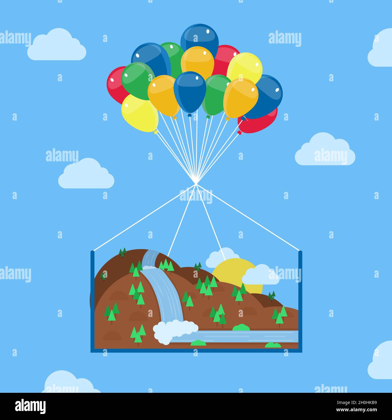 Landscape composed of mountains, hills, trees and a waterfall being taken to the skies by helium balloons. Conceptual vector illustration. Dream and f Stock Vector