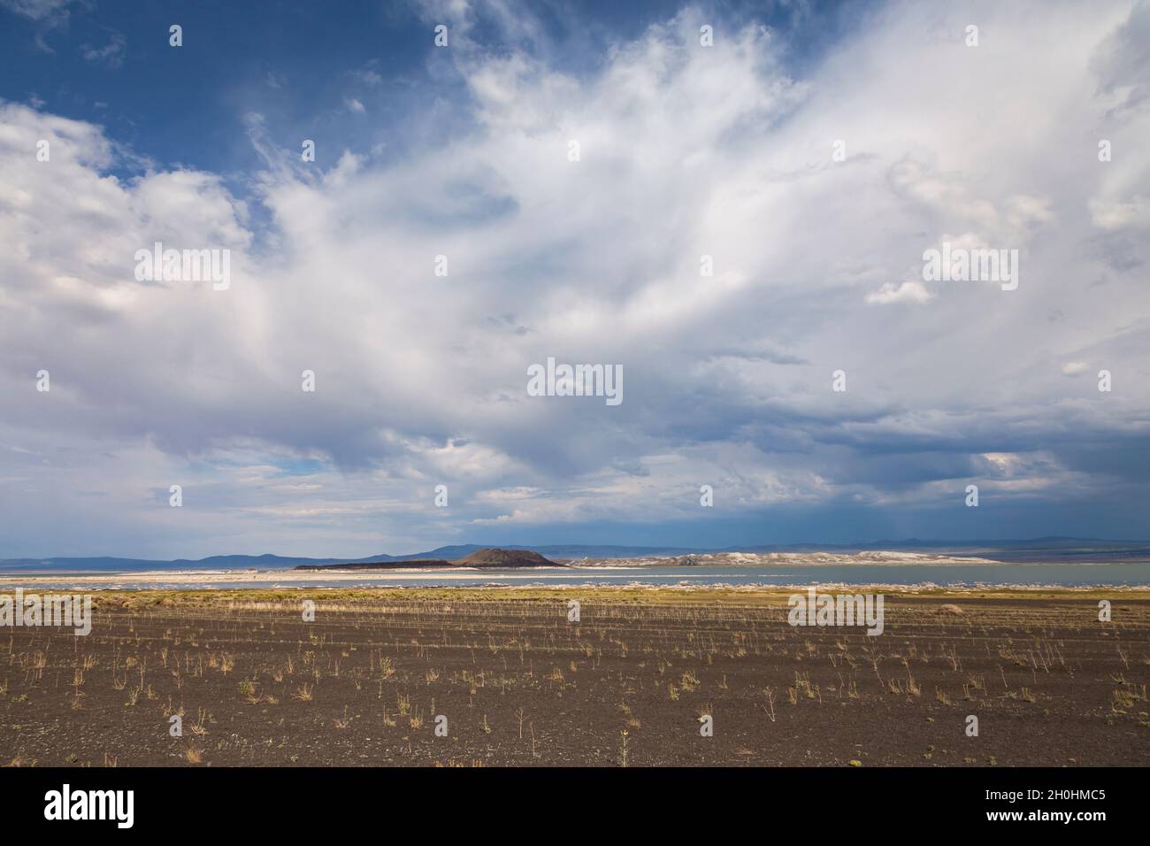 The diversion of water away from the lake has exposed the shoreline of Mono Lake in Mono County, California. Stock Photo
