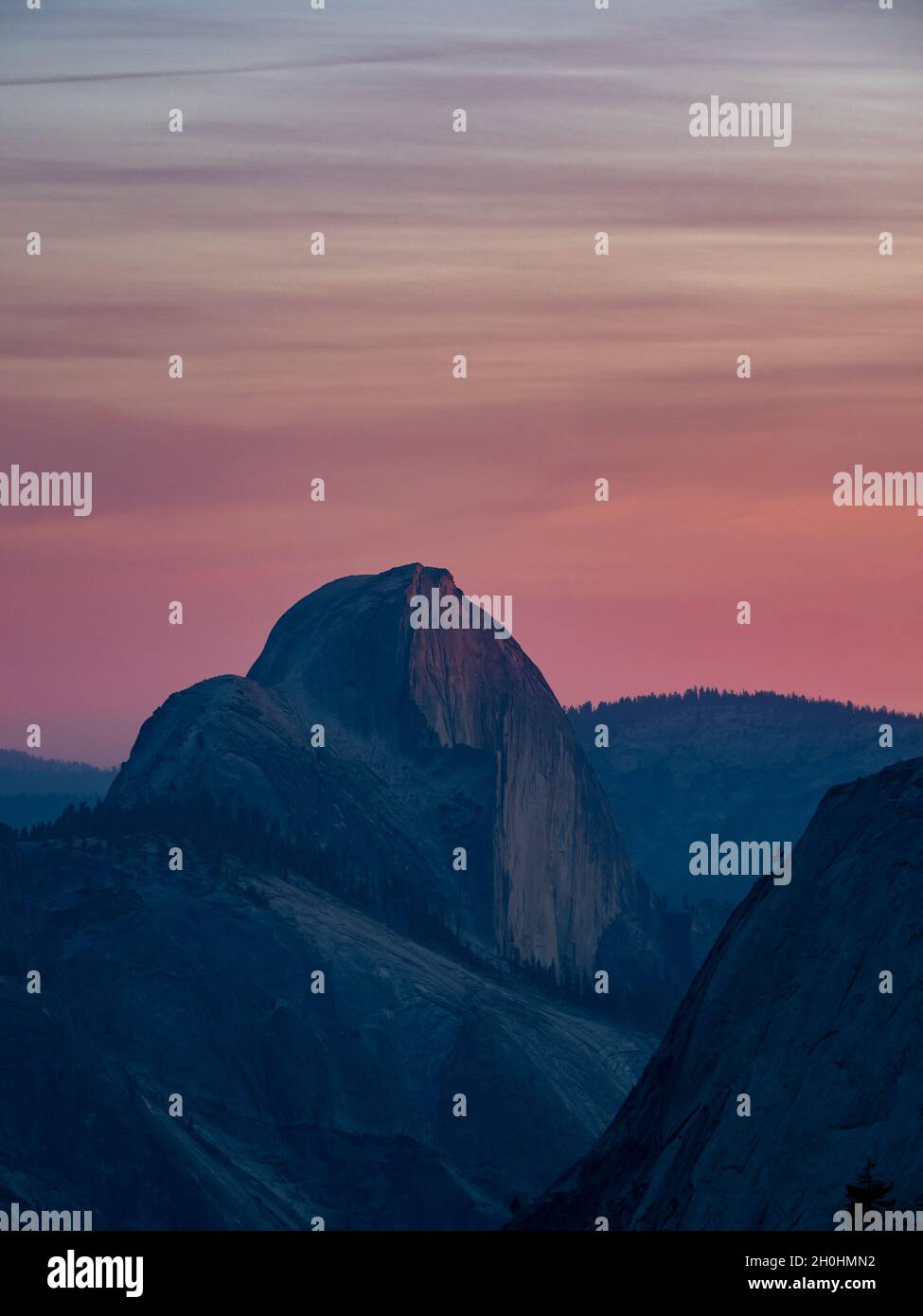 Sunset over Half dome from Olmstead Point in Yosemite National Park, California, USA Stock Photo
