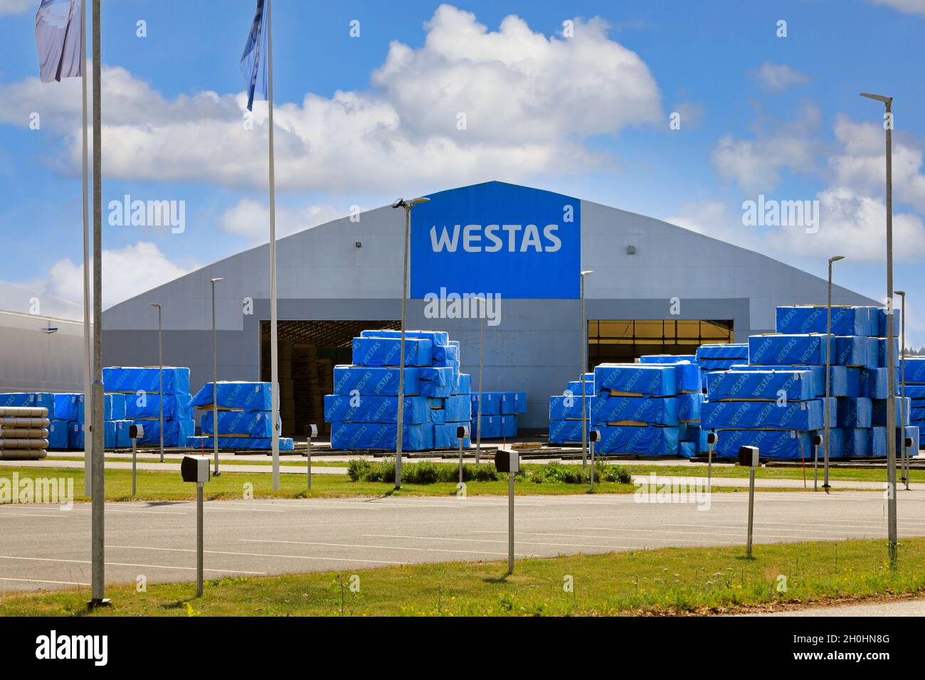 Westas Group sawmills in Koski Tl with packaged sawn timber products outside ready to ship. Koski Tl, Finland. June 26, 2021. Stock Photo