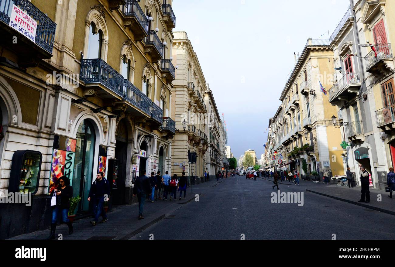 Catania, Italy. Via Etnea runs straight from Piazza del Duomo up to the  foothills below Etna. Lined with stores, bars and pavement cafes Stock  Photo - Alamy