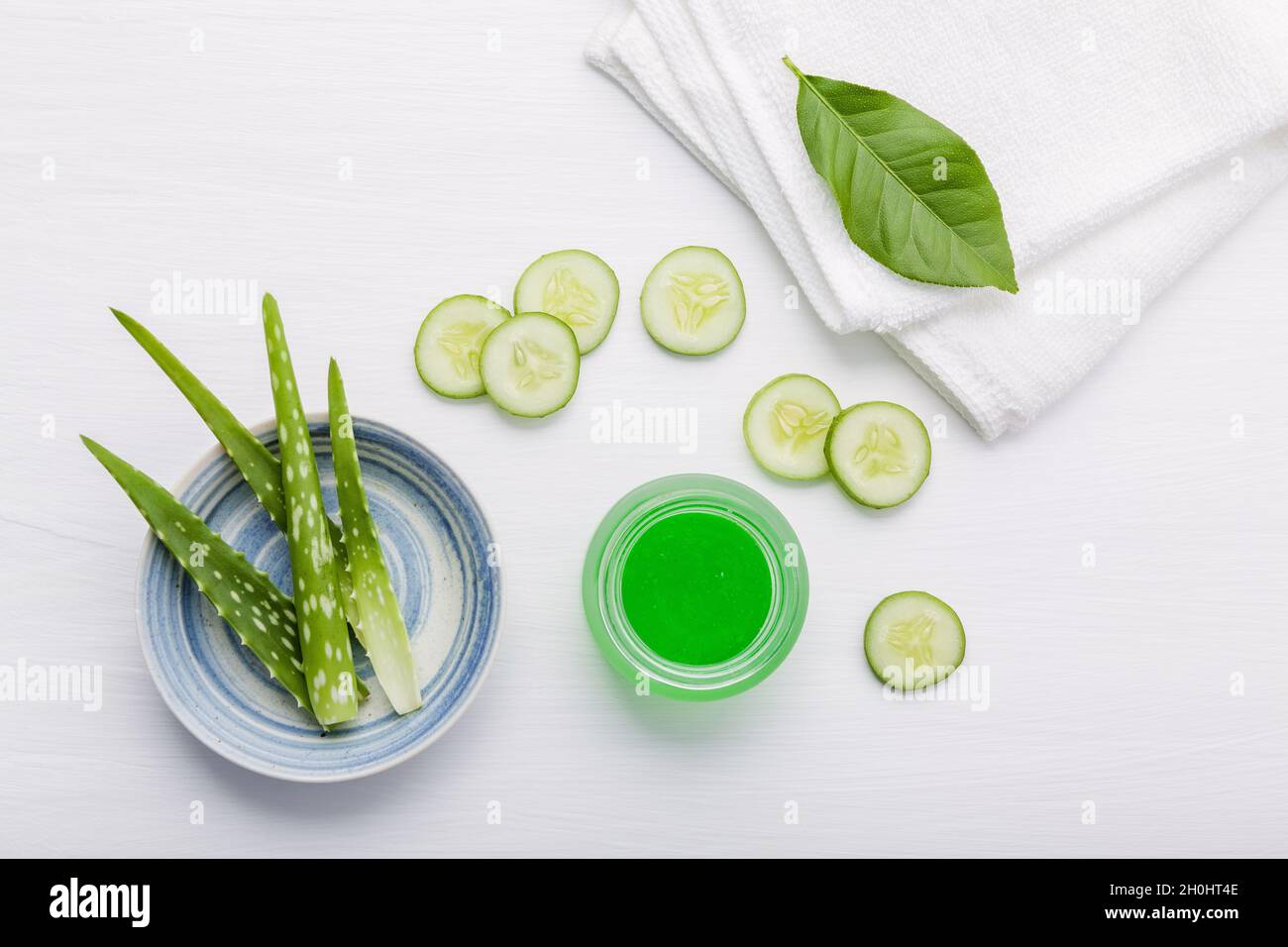 Natural herbal skin care products. Top view ingredients cucumber and