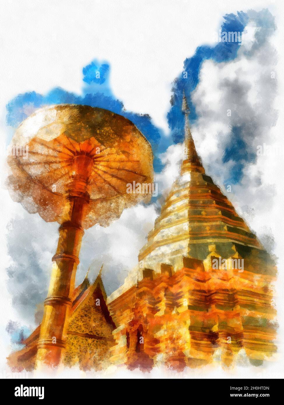Wat Doi Suthep temple Chiang Mai Thailand watercolor style