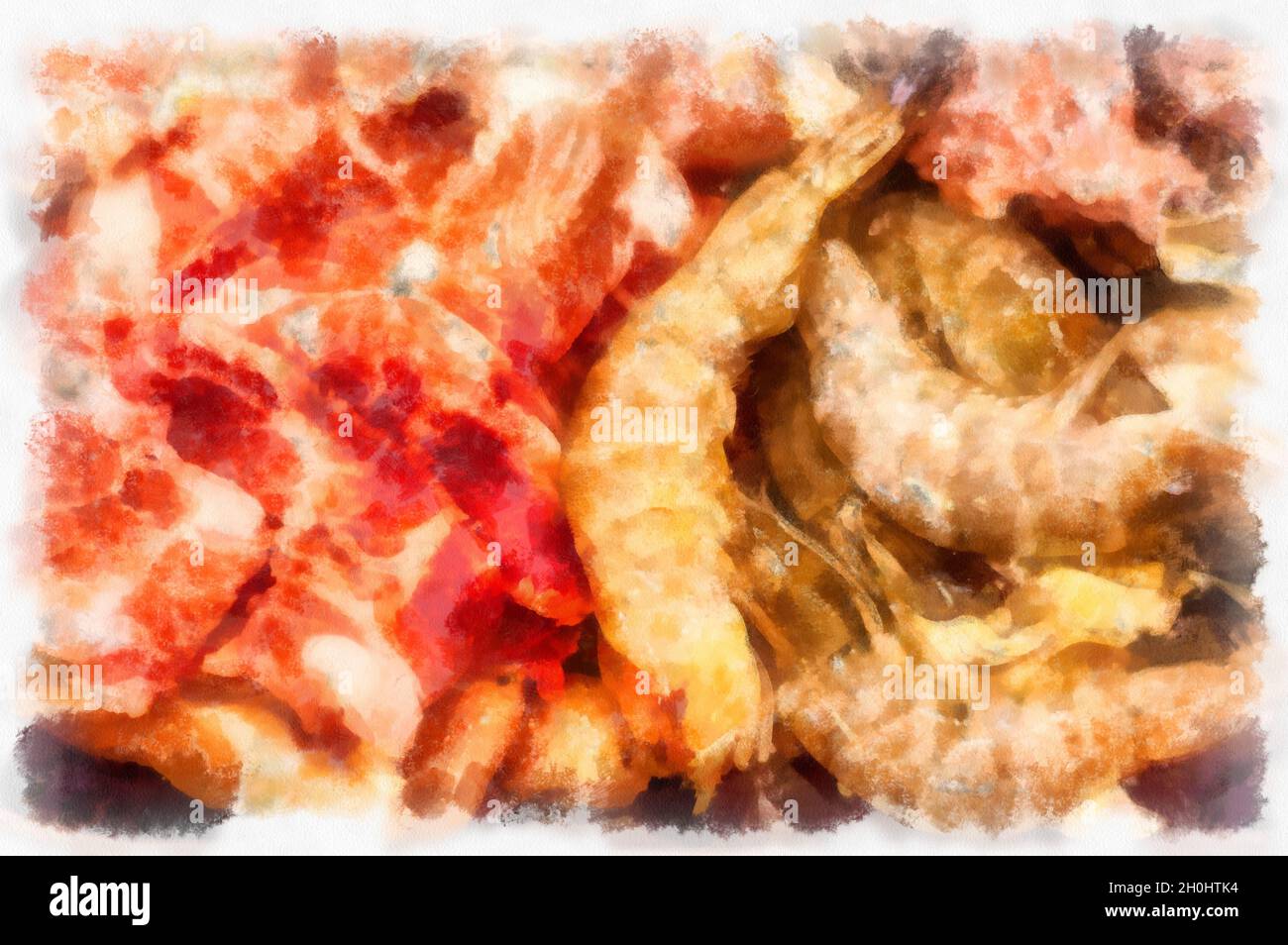 Fresh shrimp and fresh meat in a plate watercolor style illustration ...