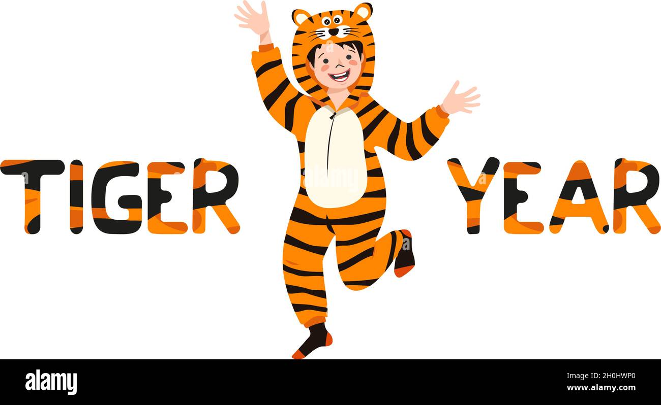 Boy in tiger carnival costume and inscription New Year from striped orange  with black letters. Children pajama party or holiday. Kid in jumpsuits or  kigurumi, festive clothing for Christmas Stock Vector Image