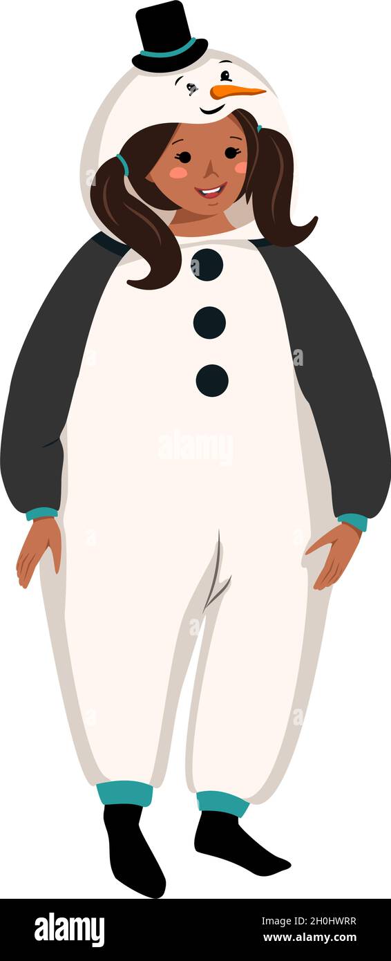 Girl in carnival costume of snowman. Festive clothing for pajama party, theatre, New Years or Christmas. Child dancing with happy face and smile Stock Vector