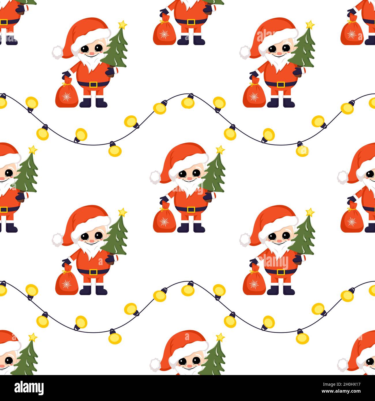 Seamless Christmas pattern with Santa Claus and garland. Bright print for New Year and winter holiday, wrapping paper, textiles and designs. Stock Vector