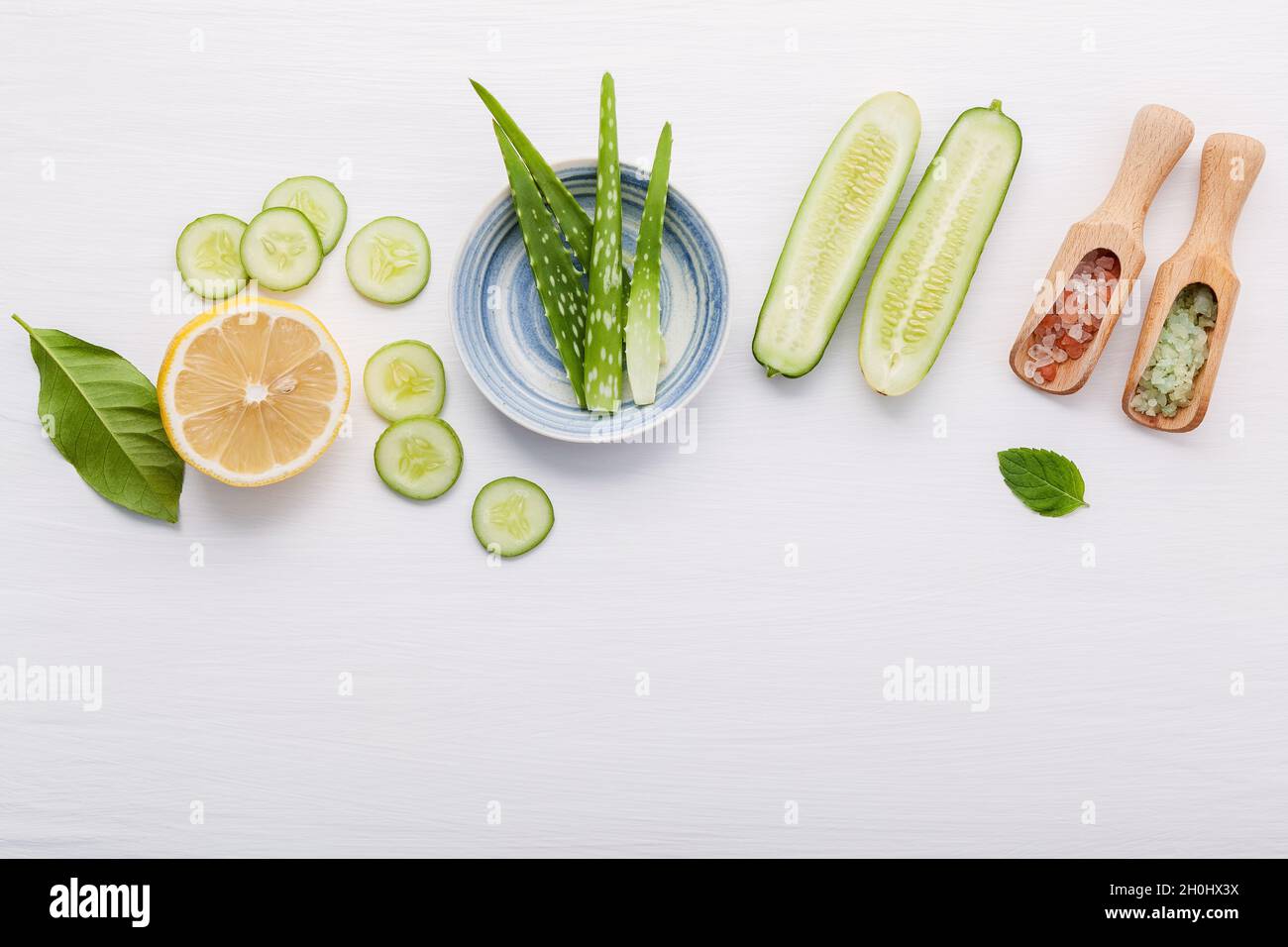 Natural herbal skin care products. Top view ingredients cucumber ,aloe