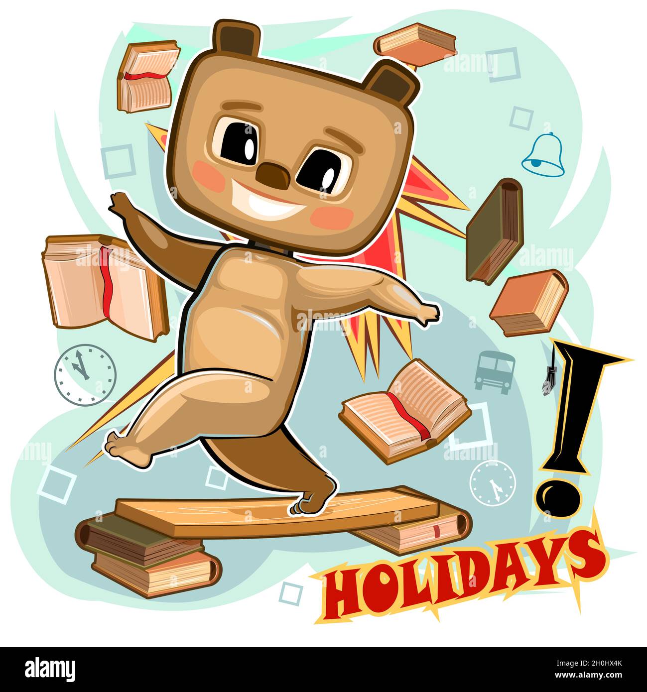 Little Bear. Young cub. Cute child scatters books. He enjoys holidays and weekends. Cartoon style. Illustration for children. Isolated on white backgr Stock Vector
