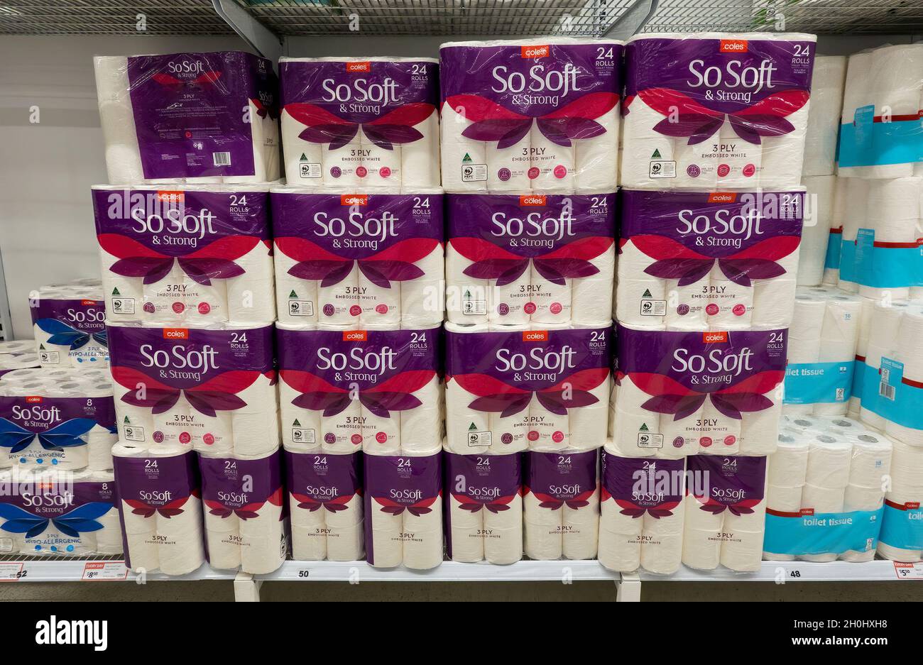 Mackay, Queensland, Australia October 2021 Toilet paper rolls for sale stacked high on