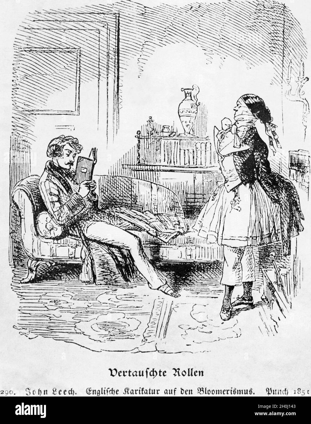 'Cartoon by the illustrator John Leech in the English magazine ''Punch'' on Bloomerism: ''Reversed roles''. [automated translation]' Stock Photo