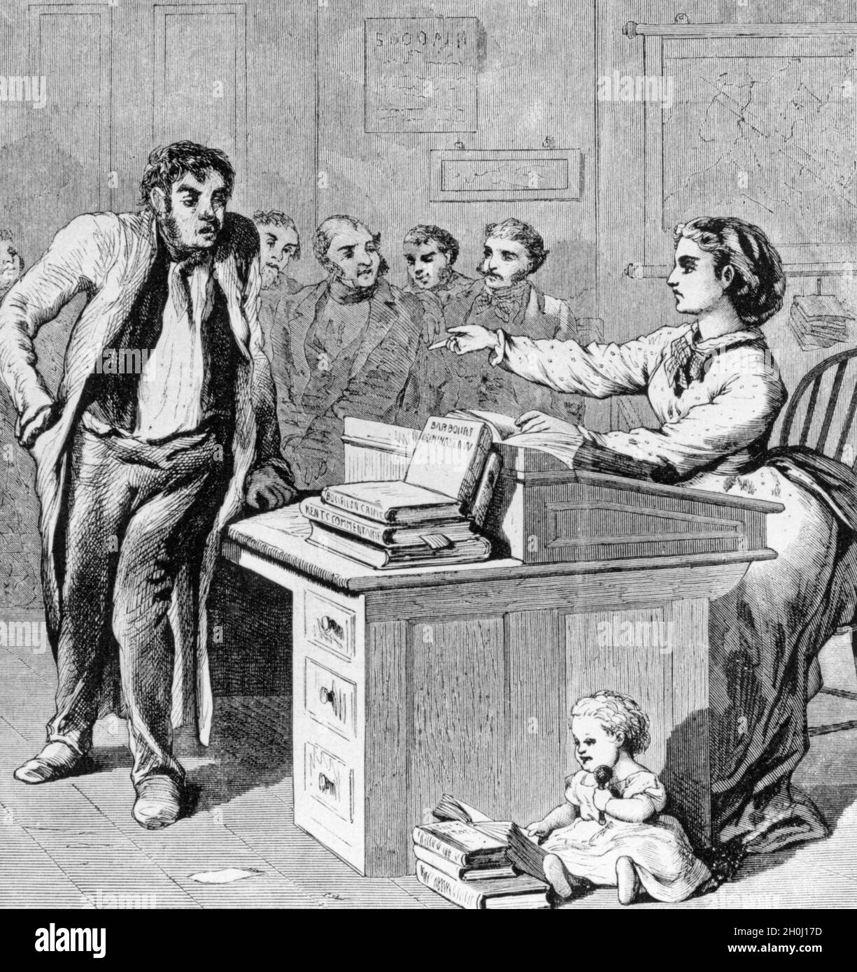 'In her office as a justice of the peace in the US state of Missouri, a woman condemns her husband, who has abandoned her, as a ''drunkard''. Sitting next to her is the couple's child. In 1872, women in the US were given the right to vote on municipal and county matters. They could also be delegated to serve as jurors or judges. [automated translation]' Stock Photo