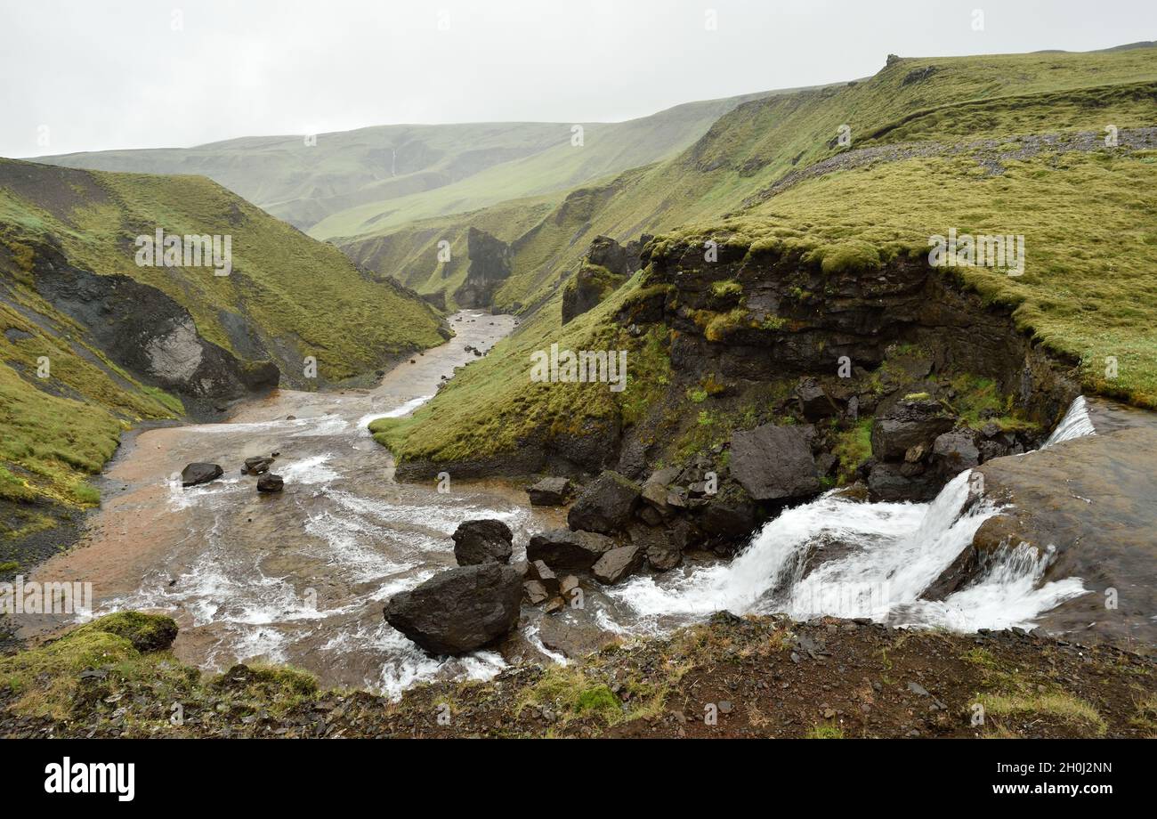 Waterfall in Iceland. Valley. South of Iceland Stock Photo