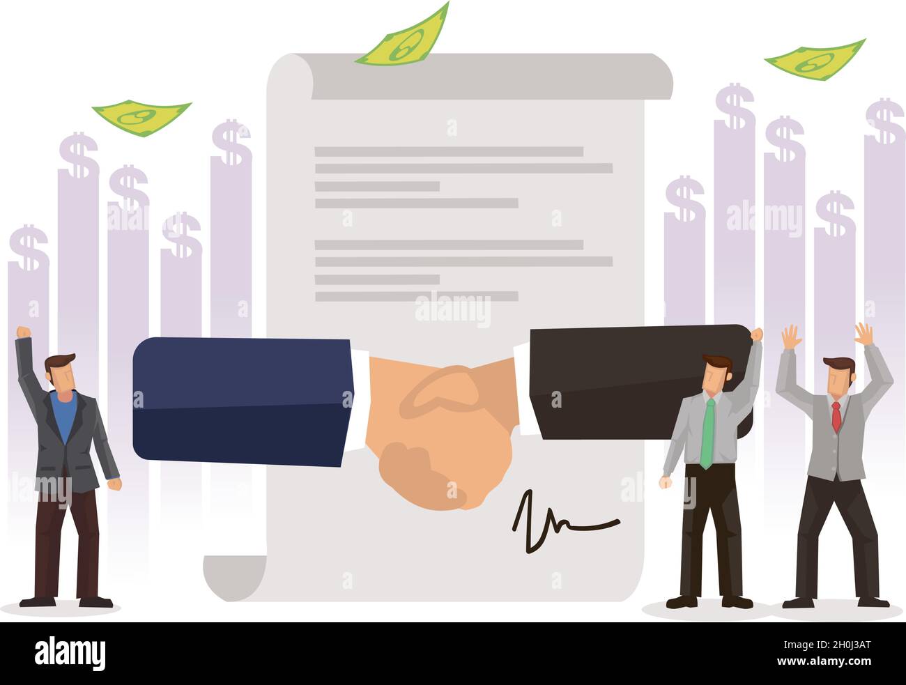 Team celebrating agreement and shake hands. Business concept of cooperation. Flat vector illustration. Stock Vector