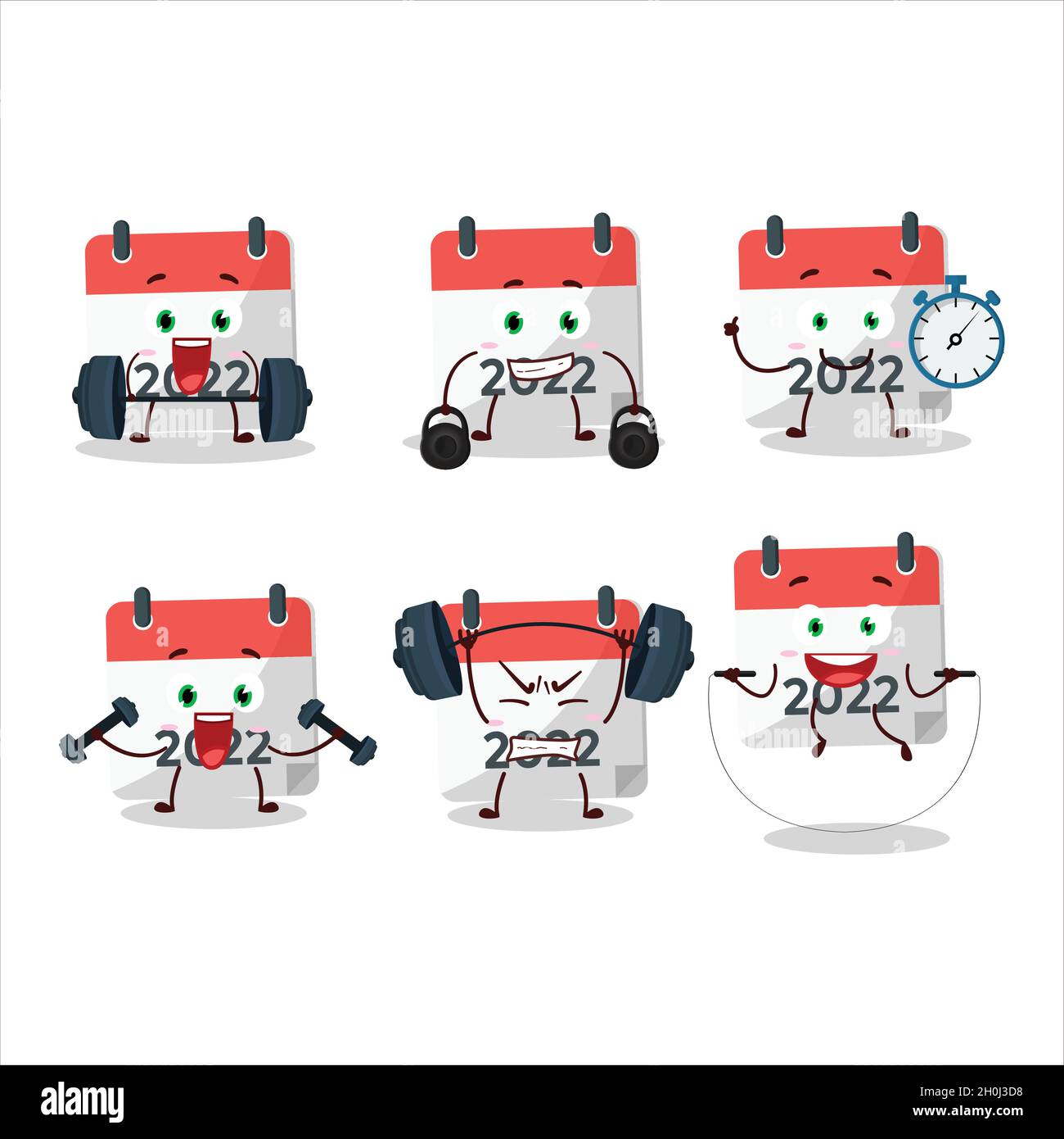 A healthy 2022 calendar cartoon style trying some tools on Fitness center. Vector illustration