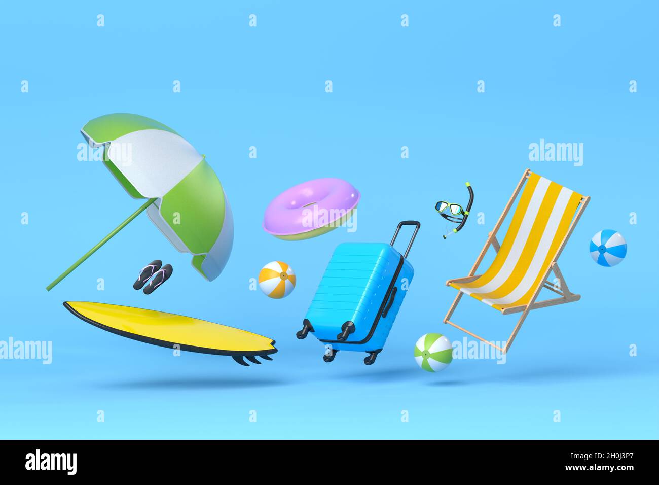 Suitcase with beach accessories like surf, umbrella and chair on blue background Stock Photo