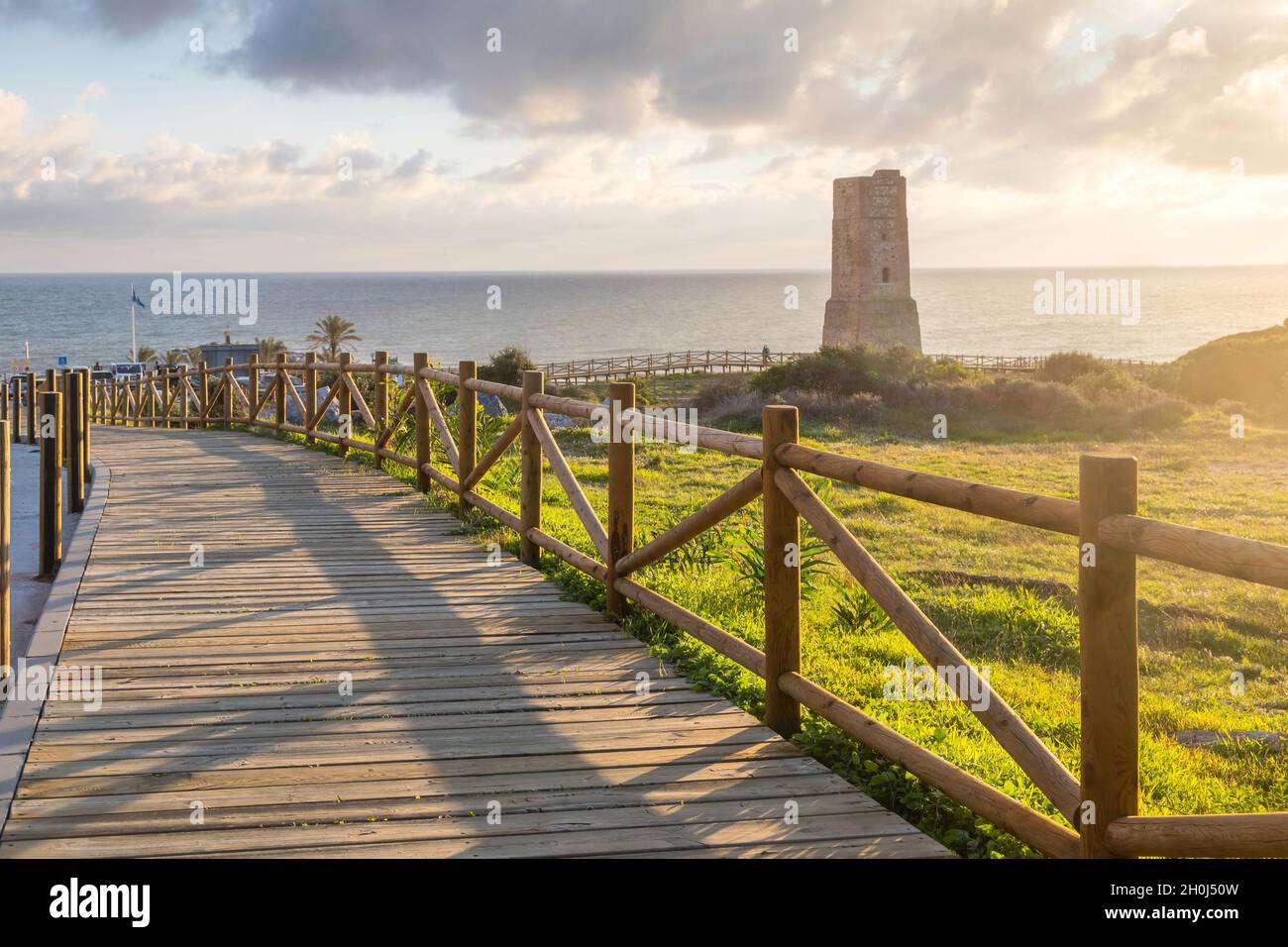 Wooden pavement in Dunas de Artola natural monument, Cabopino, Andalusia, Costa del Sol Stock Photo