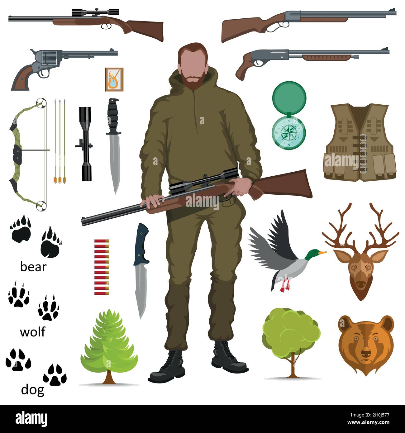 hunter with shotgun in his hand, hunter logo, sport, various sports shotgun and bullets, set of hunter equipment, traces of animals, set of different Stock Vector