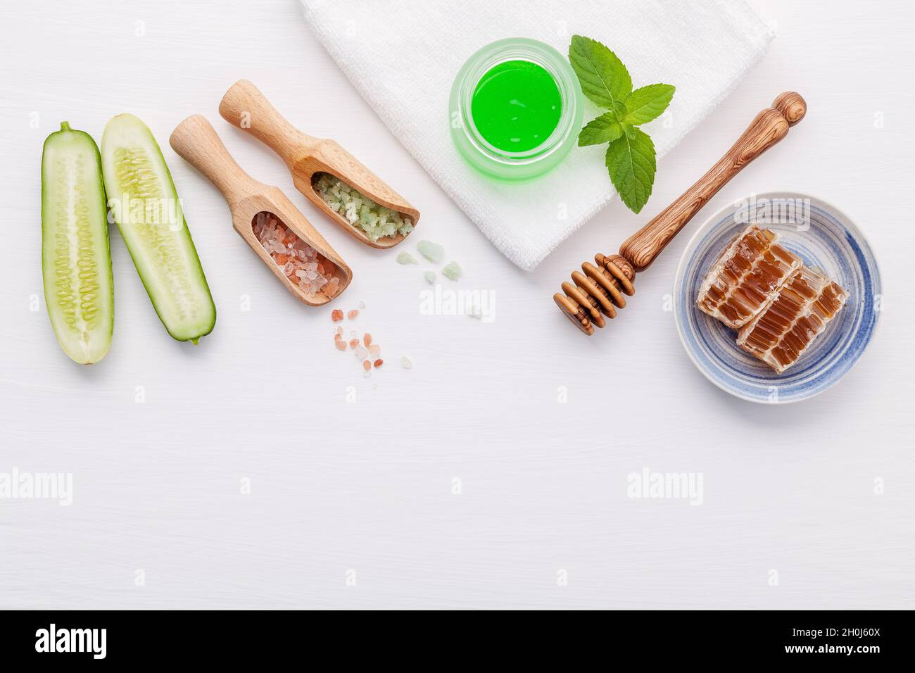 Natural herbal skin care products. Top view ingredients cucumber and