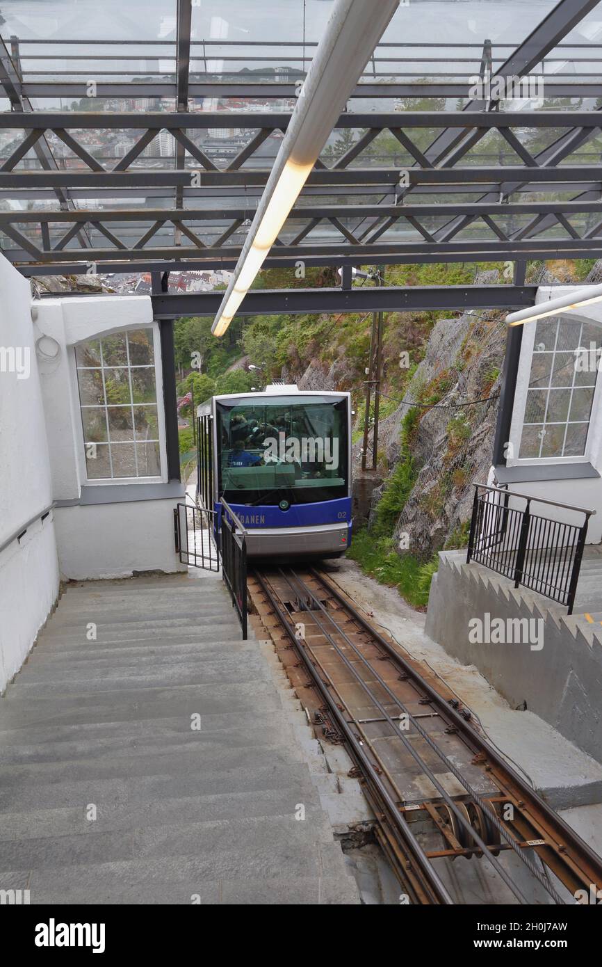Bergen, Norway - Jun 13, 2012: Floibanen funicular car arrives at station Stock Photo