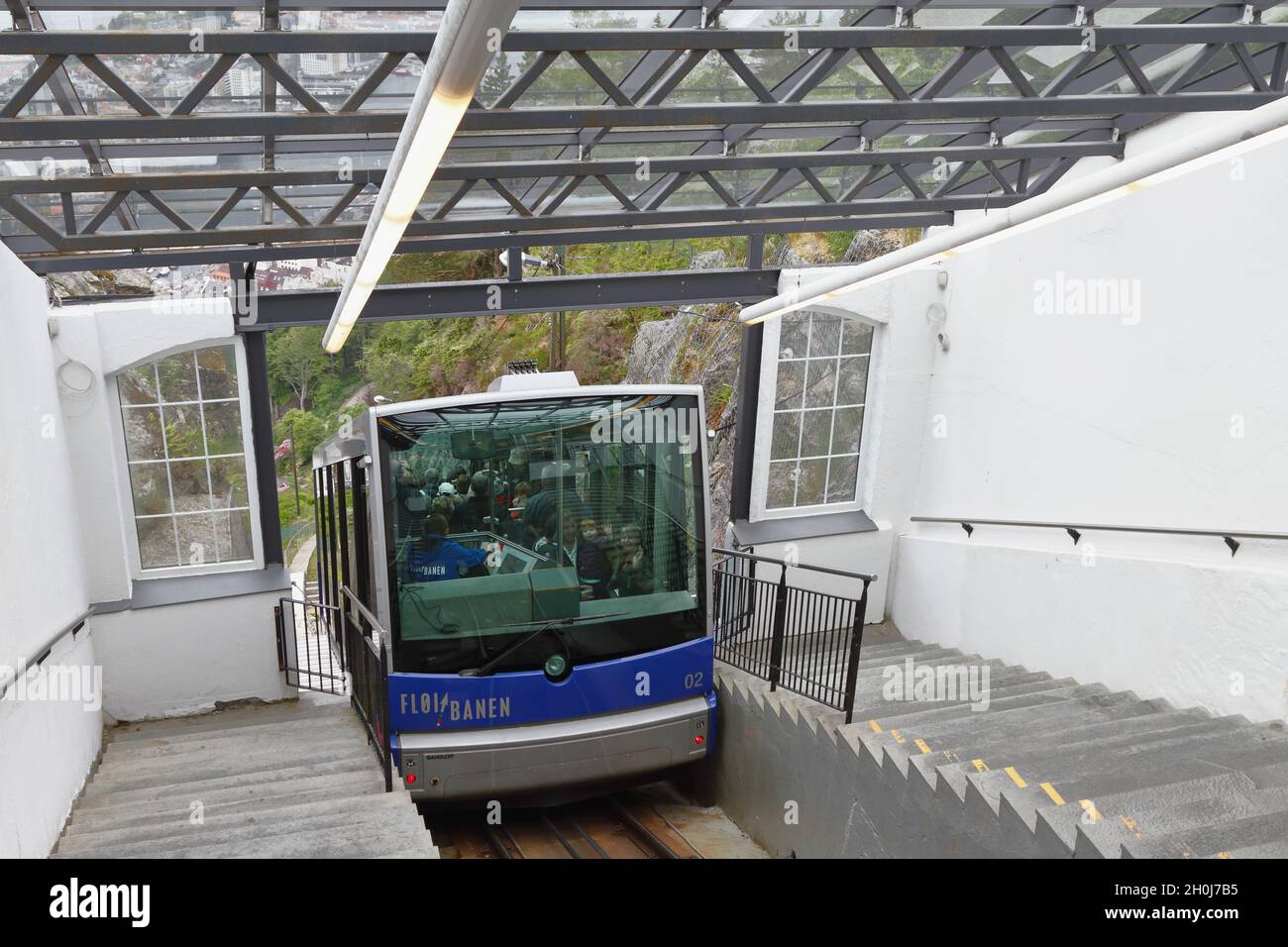 Bergen, Norway - Jun 13, 2012: Floibanen funicular car and station Stock Photo