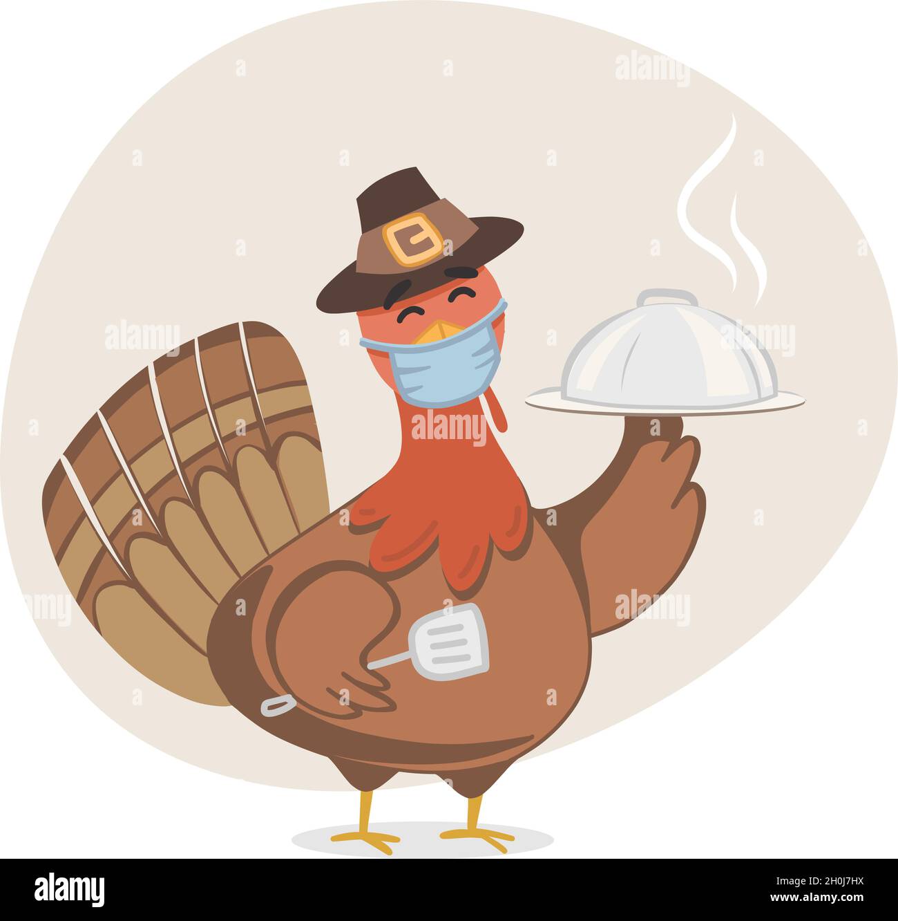 Thanksgiving Turkey wearing face mask while cooking. Cute Turkey