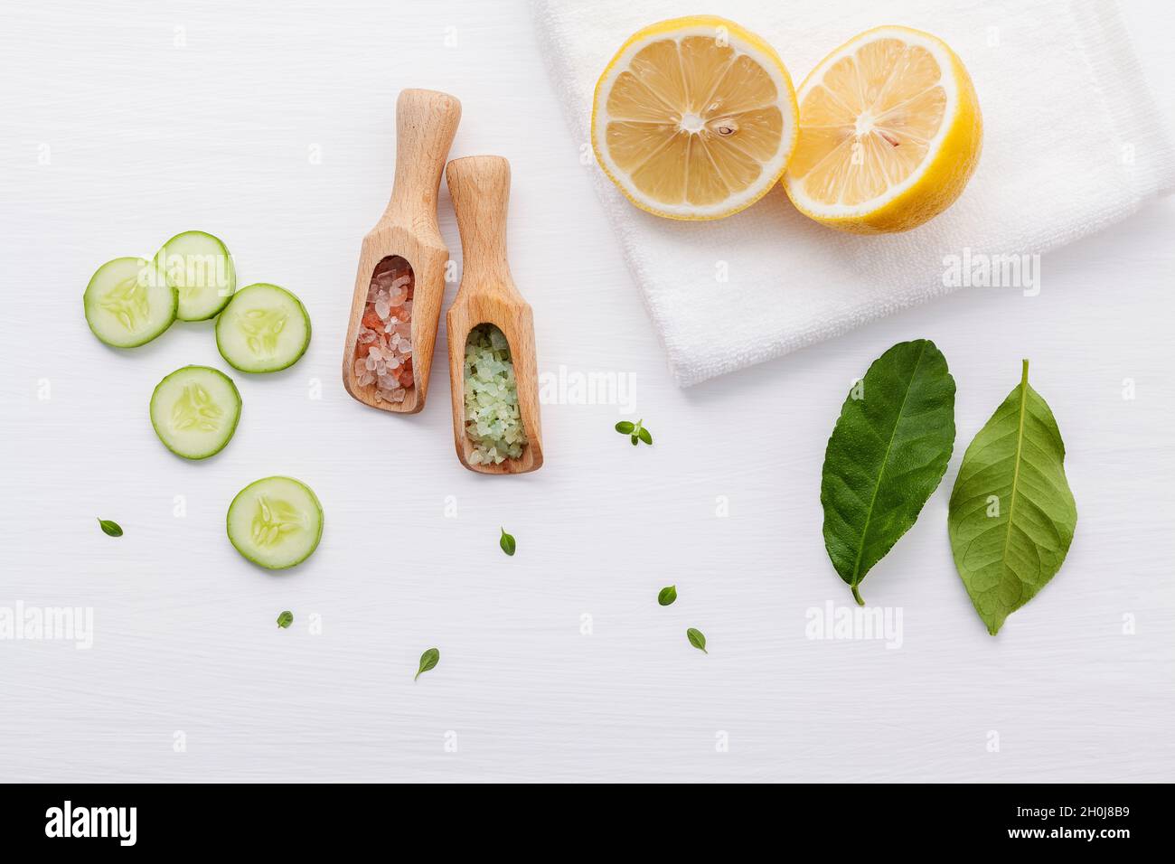 Natural herbal skin care products. Top view ingredients cucumber